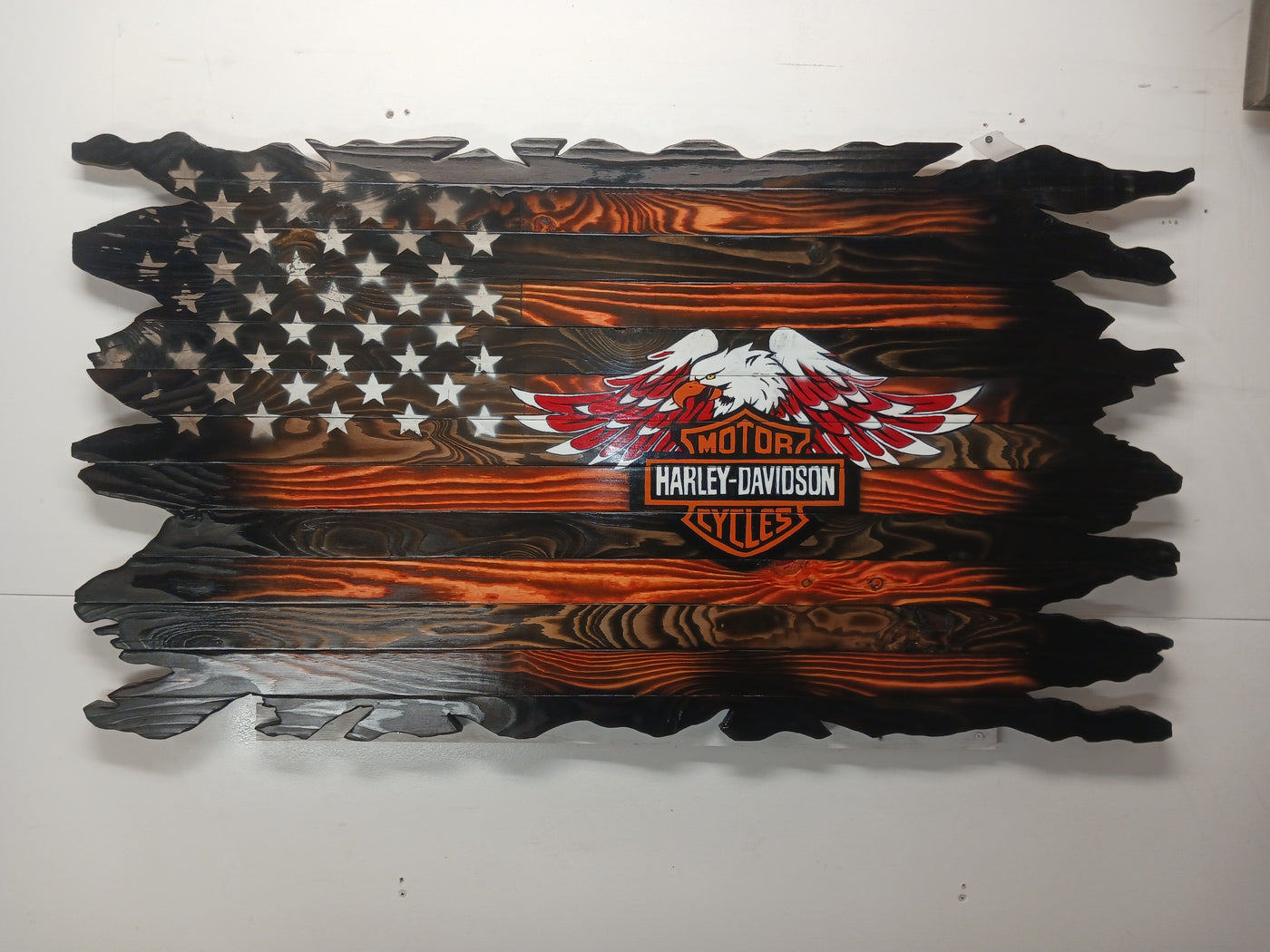 Harley Davidson, rustic, wooden, flag, tattered, burned