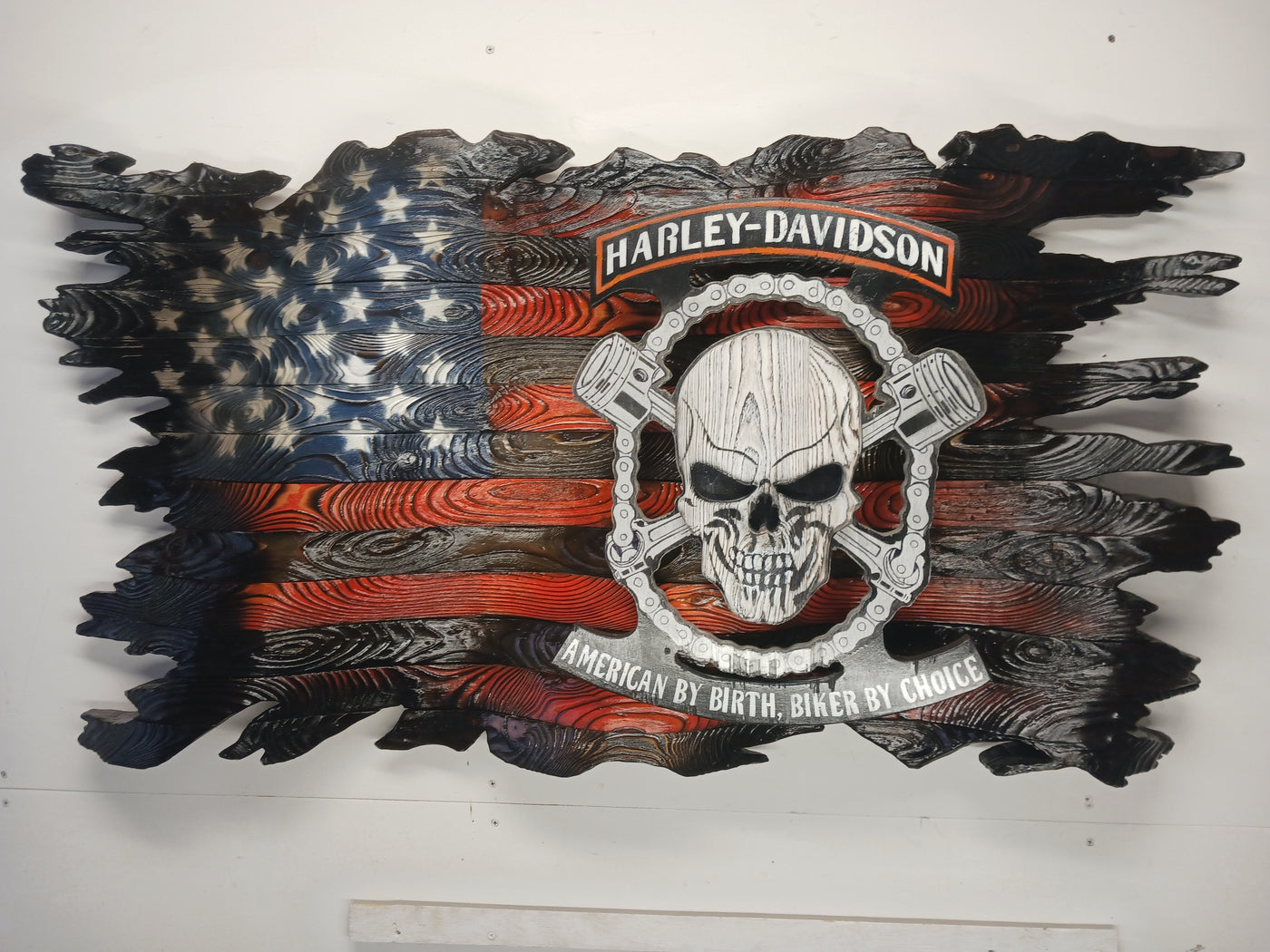 Harley Davidson, rustic, wooden, flag, tattered, burned
